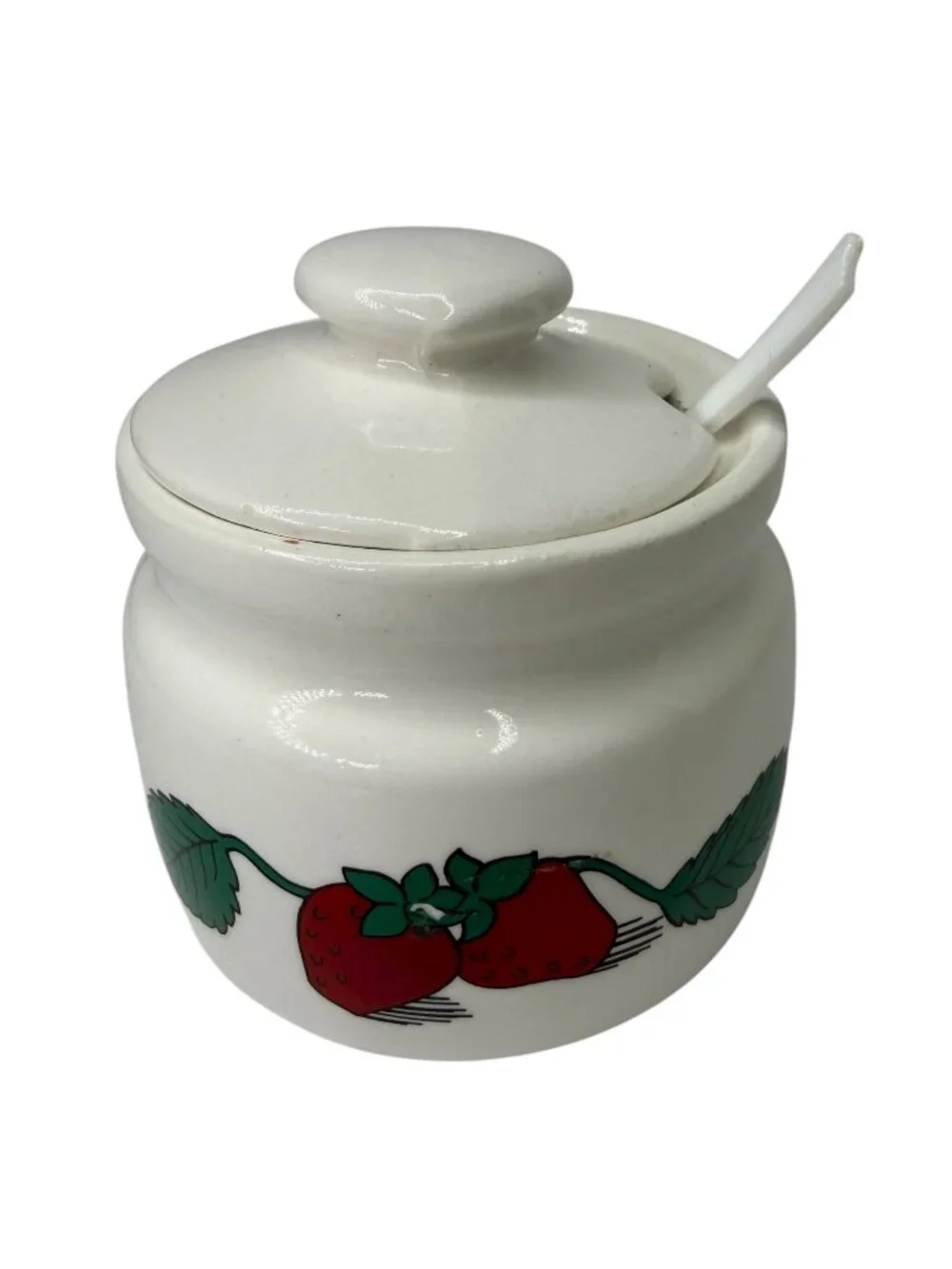 Vintage Strawberry Ceramic Jam Jar Jelly Pot with Lid and Spoon Cottagecore